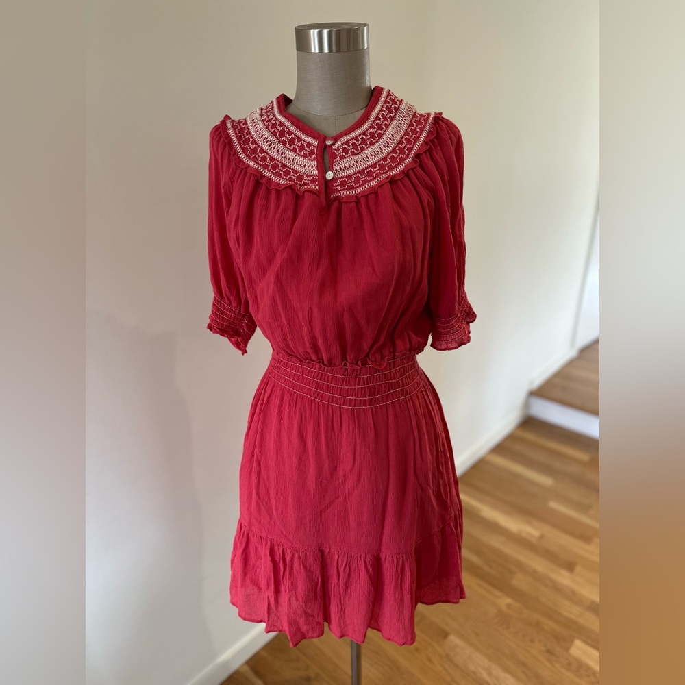 Max Studio Color Washed Red Stitched Puff Sleeves Peasant Dress Size Medium